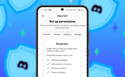 phone featuring the Set up permissions for assigning roles to members on a Channel inside Discord app with a blue background