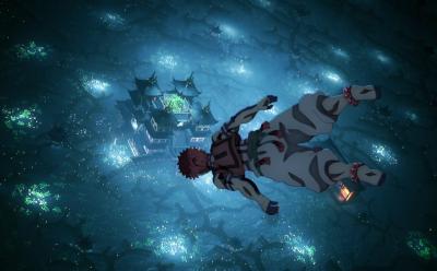 Akaza flying over Infinity Castle