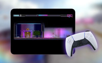 iPad Pro with Katana Zero displayed on screen alongside a PS5 DualSense controller