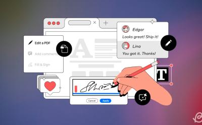 illustration of a PDF editor with actions to Edit, adding comments, signature, and shapes to PDFs in front of a gladient pink-blue-green background