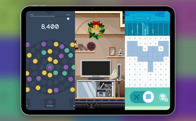 Image of the iPad Pro with screenshots of three puzzle games arranged within the display part
