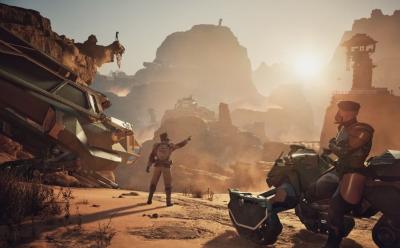 Character pointing at the sun in Dune Awakening