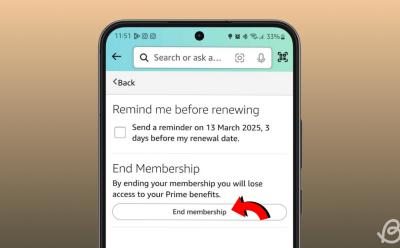 phone showing the End Membership option for Amazon Prime inside the Amazon app on Android