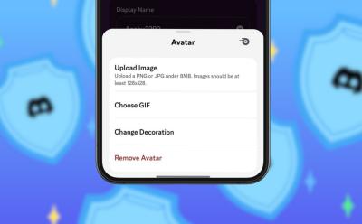 Phone with the Discord app featuring the Avatar popup menu with options to change upload image, GIF, change decoration, and remove avatar