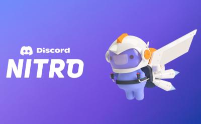 Discord Nitro logo with text in front of a bluish purple background