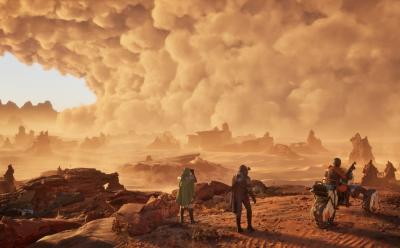 Characters looking over Arrakis in Dune Awakening