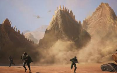 Characters running away from Sandworm in Dune Awakening