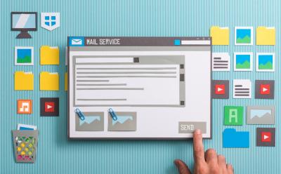 illustration of person interacting with an email client and about to send an e-mail