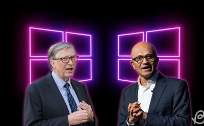 illustration for Bill Gates vs Satya Nadella with pink glowing neon windows logos in a black background