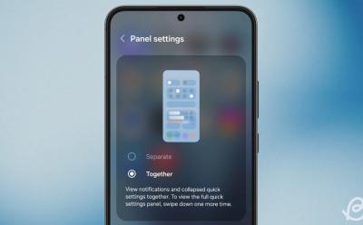 phone showing a preview of the new Panel Settings inside One UI 7 with an option to switch to the old "Together" Quick Settings layout