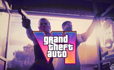 GTA 6 logo cover Lucia and Jason in Vice City colors