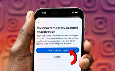 Instagram app on an iPhone, placed in front of a background with shades of blue, pink, yellow, showing the Deactivate account option