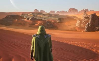 Character wandering through Arrakis in Dune Awakening