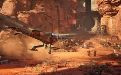 Ornithopter landing outside facility in Dune Awakening