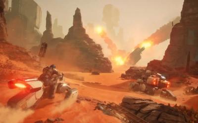 Vehicles travelling through Arrakis in Dune Awakening