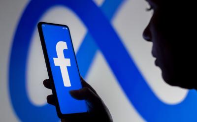 Silhouette of a person holding phone with Facebook logo in front of a gigantic Meta logo, community notes