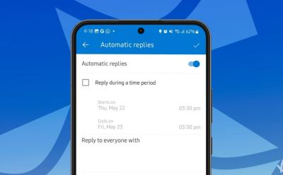 illustration of a phone showing the process of how to set away or out of office message in Outlook app with a gradient blue background with large mail icons