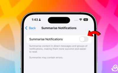 illustration of an iPhone showing the Summarize Notifications toggle on iOS in front of a yellow pink blue gradient background