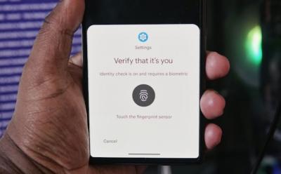 Person holding Pixel in hand with identity check feature on screen
