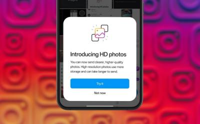 phone featuring a banner showing HD Photos support inside the Instagram app with a background filled with scattered app logos