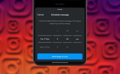 a phone with the Instagram app open showing a Schedule messages popup in front of a pinkish red background