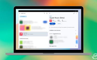 illustration of a chromebook featuring the Play Store landing page of Apple Music (previously iTunes)