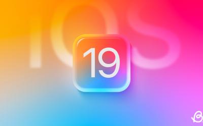 illustration of iOS 19 in a gradient yellow pink blue background