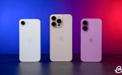 iPhone 16e standing next to the iPhone 16 and the iPhone 16 Pro Max