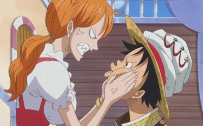 Nami attacking Luffy to keep him under control
