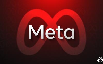 illustration of Meta text in front of the Meta logo in a red gradient background
