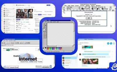 Microsoft Apps Throughout the decade in seperate windows over a blue background