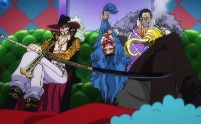 Mihawk and Crocodile holding Buggy's head