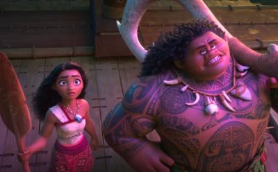 A still of Moana and Maui from the trailer of Moana 2