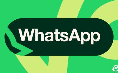 WhatsApp text in a dark green pill over a light green abstract background