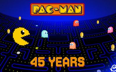Pac-Man logo and gameplay, with text reading '45 Years'