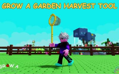 player holding harvest tool in Grow a Garden