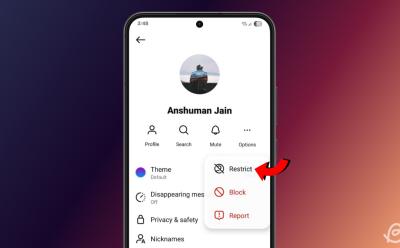 phone showcasing a user profile with the Restrict option on the Instagram app