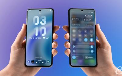 hands holding phones showing preview of One UI 7 new lock screen clock style, now bar, and Quick Settings panel