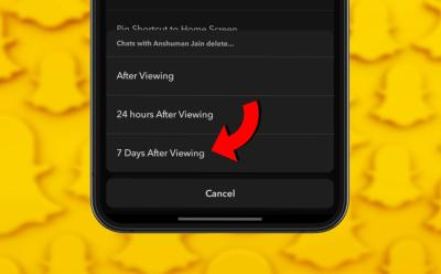 phone showing Snapchat app with the new "7 Days After Viewing" option to delete chats automatically