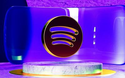 illustration of the Spotify logo in Gold with black shadows hivering over a marble podium with an abstract purple background