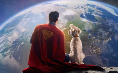 Superman and Krypto sitting on the moon