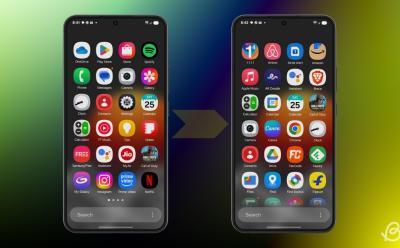 two phones placed side by side featuring the transition from old app drawer UI to the vertical scrolling layout on One UI 7