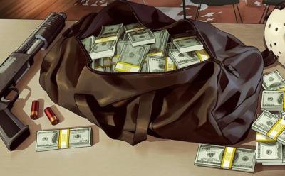 GTA Online art with a cash-filled bag, hockey mask, and a shotgun on a table.