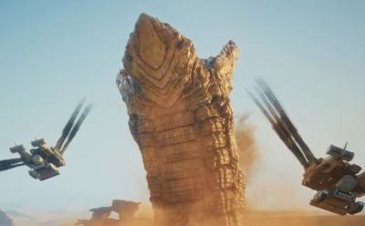 Ornithopters flying away from Sandworm in Dune Awakening
